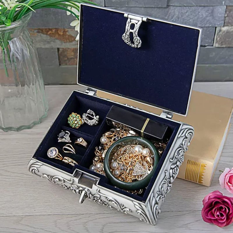 AVESON Rectangle Vintage Metal Jewelry Box Trinket Storage Organizer Gift Box Chest Ring Case with Rose Pattern for Girls Ladies Women, Large - Image 3